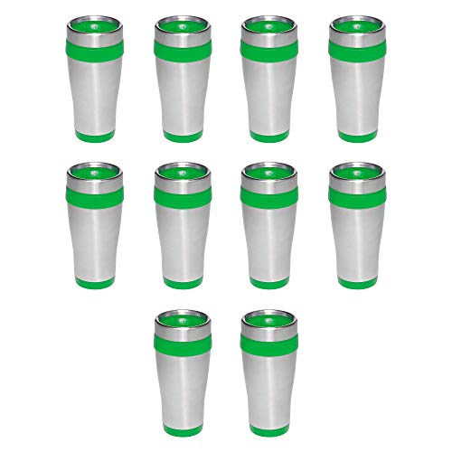 Travel Mugs - 16 oz. Insulated Stainless Steel Mug Coffee Cups - 10 pack - Thermal Technology Keeps Your Drink Hot - Reusable Traveler To Go Cup - Green