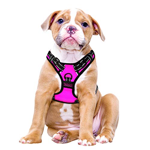 MyDog No Pull Dog Vest Harness with 4 Snap Buckles [No Need to Go Over Dogs Head] Reflective Easy Control Handle and 2 Front & Back Metal Leash Rings Dog Harness for Outdoor Dogs (Medium, Pink)