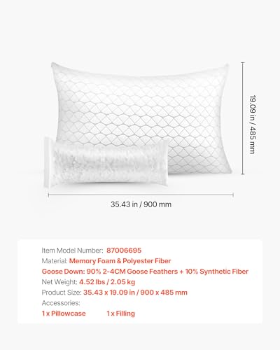Image of VEVOR Sleeping King Size Luxury Quality Hotel Pillow with Memory Foam Fill, Supportive & Adjustable, Includes Natural Firber Pillowcase, Bedding for Back, Stomach and Side Sleepers, White