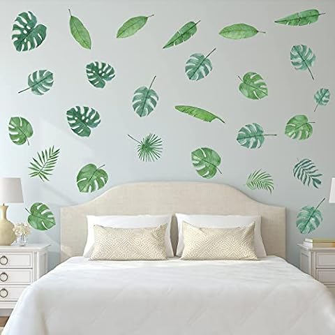 Leaf Wall Stickers, Palm Jungle Leaf Wall Stickers, Green Plant Wall Stickers, Watercolour Tropical Wall Stickers, Monstera Leaves Wall Decal for Living Room Bedrooms Bathroom Kitchen Nursery(39pcs) Cover
