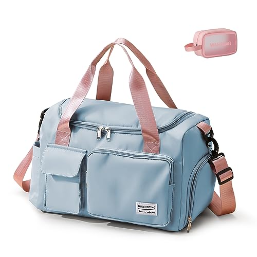 Image of Small Gym Bag for Women, Travel Duffle Bag Carry On Weekender Bag with Shoe Compartment, 12#Blue&Pink, Gym Bag & Toiletry Bag, Gym Bag&toiletry Bag