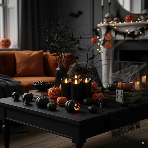 Image of Homemory Black Flameless Candles, Halloween Candles, Battery Operated Candles, LED Pillar Candles with Remote Control and Timers, Set of 9