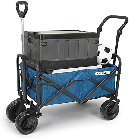 WHITSUNDAY Collapsible Folding Garden Outdoor Park Utility Wagon Picnic Camping Cart with Bearing and Brake 8" All Terrain Wheels with Push Bar (Ocean Blue)