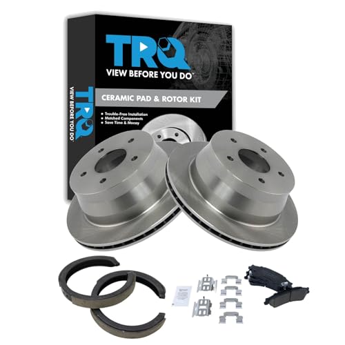 Image of TRQ Rear Brake Pad and Rotor Set Ceramic Parking Shoes Compatible with 1997-2005 Chevrolet Blazer 1998-2004 S10 Sonoma 1997-2001 Jimmy 1998-2001 Oldsmobile Bravada 1998-2000 Isuzu Hombre