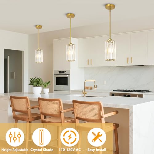 LAMSU 3 Pack Gold Pendant Lights Kitchen Island, Modern Pendant Lighting with Clear Crystal Shade, Vintage Brass Chandelier Light Fixtures Ceiling Hanging for Dining Room Bedroom Foyer Hallway by LAMSU - Image 2