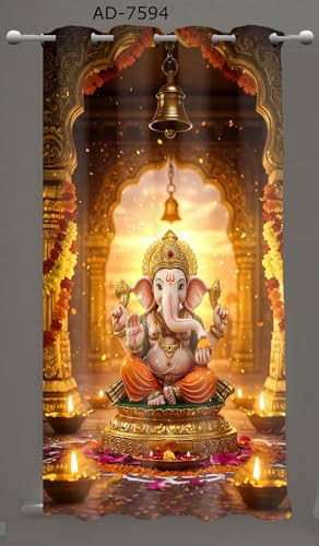 Image of KALIYO Ganesha Printed Curtains for Home & Mandir | 3D Digital Print Spiritual Curtains | Light Filtering Polyester Door & Window Curtains | Pooja Room Decor | 7FT(1 Piece)