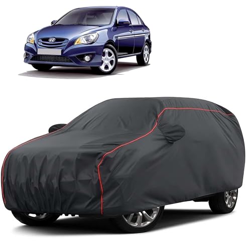 Image of Sulfar 100% Water Resistant Car Body Cover Compatible with Mirror for Hyundai Verna Transform (Triple Stitched, Full Bottom Elastic, Dark Grey Taffeta with Red Piping)