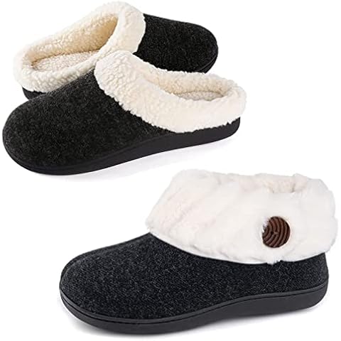 Wishcotton Women's Set of 2 Pairs -Sherpa Fleece House Slipper with Memory Foam(Black, US 8-9) and Fuzzy Felt Cozy Closed Back Slippers(Black, US 9) Cover