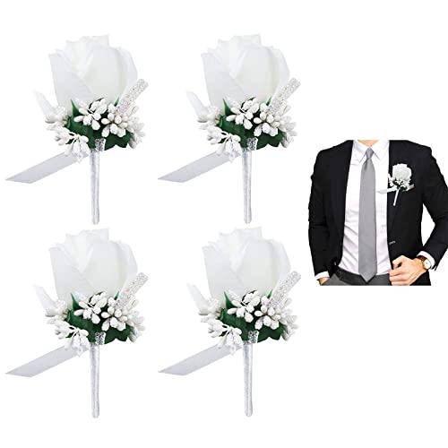Pro-Noke Wedding Boutonniere Handmade Rose Corsage Buttonhole Flowers Artificial Wedding Prom Banquet with Pin and Clip (4pcs, White)