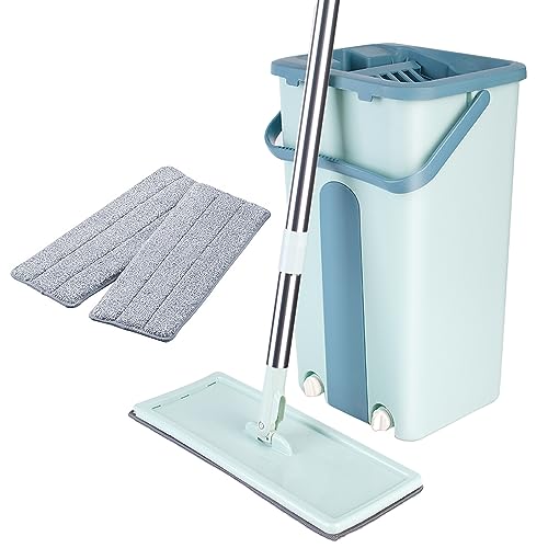 Seau et Balai Serpillère,Serpillières Plates pour la Maison,Ensemble de Vadrouille et de Seau Comprend1 Tige de Vadrouille,1 Seau,2 Têtes en Microfibre Réutilisables