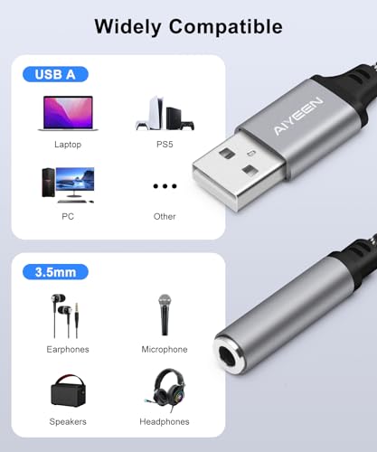 Image of USB to 3.5mm Female Audio Adapter Cable, Nylon Braided 15cm USB Male to Aux Jack Stereo Converter with Hi-Res Chip, Plug & Play, for Headphones, Speakers, Car AUX (Grey)