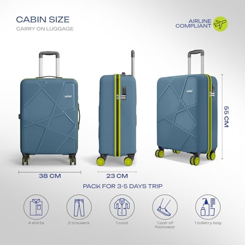 Image of Safari Pentagon Neo 8 Wheels Carry on Cabin Trolley Bag, Hard Case Polypropylene with 360 Degree Wheeling Luggage for Men & Women, Suitcase for Travel, Ink Blue, 55cm, Small