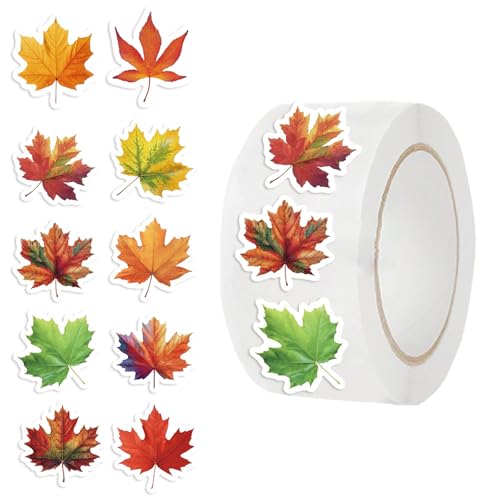 500Pcs Maple Leaf Sticker for Kids Boy Teacher 1 Roll 10 Styles Cute Leaf Stickers Reward Cute Space Stickers Office Supplies Incentives Sticker Animal Party Favor Decal (Maple)