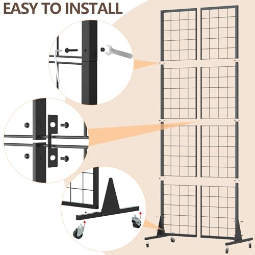 Urban Deco Grid Wall Panels – 2\' x 5.5\' Ft Display Stand with Gridwall Panels Rack - Metal Grids Standing Wire Rack with 8 Hooks- for Retail Art Fair (Black Finish)-1 Set
