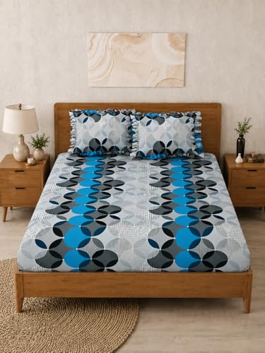 Image of 380 TC Premium Glace Cotton Elastic Fitted Bedsheet King Size with 2 Pillow Covers King Size | Double Bed with All Around Elastic (Blue&Gray), Fitted Queen-60x78