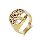 Grewod Anillo Compromiso de Acero Inoxidable para Mujer, Árbol de la Vida con Circonita Redonda Blanca Oro 18mm Anillos Matrimonio Talla 20