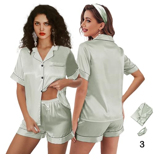 Image of 3Pcs Silk Pajamas XS-4XL Womens Satin Pajama Short Floral Sleepwear Bride Soft Pj Lounge Sets Pjs Shorts Set