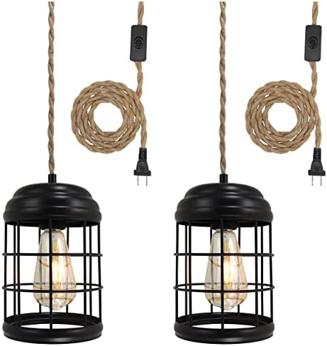 Flashell Plug in Pendant Light,Industrial Hanging Fixtures with 16ft Hemp Cord and On/Off Switch,Black Cage Ceiling Lamp for Kitchen Island Dining Room Bedroom,2 Pack