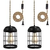 Flashell Plug in Pendant Light,Industrial Hanging Fixtures with 16ft Hemp Cord and On/Off Switch,Bla