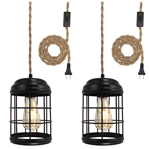 Flashell Plug In Pendant Light,Industrial Hanging Fixtures With 16Ft Hemp Cord And On/Off Switch,Black Cage Ceiling Lamp For Kitchen Island Dining Room Bedroom,2 Pack #TOP1