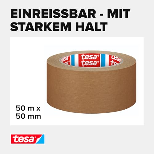 tesa pack STRONG PAPER - Packband aus Papier - 92% erneuerbare Mateialien - handeinreißbar - Verpackungsband für mittelschwerer Pakete - Braun - 50 m x 50 mm