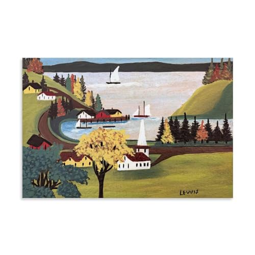 Poster Voiliers et Paysage d'Automne par Maud Lewis pour la Décoration du Salon
