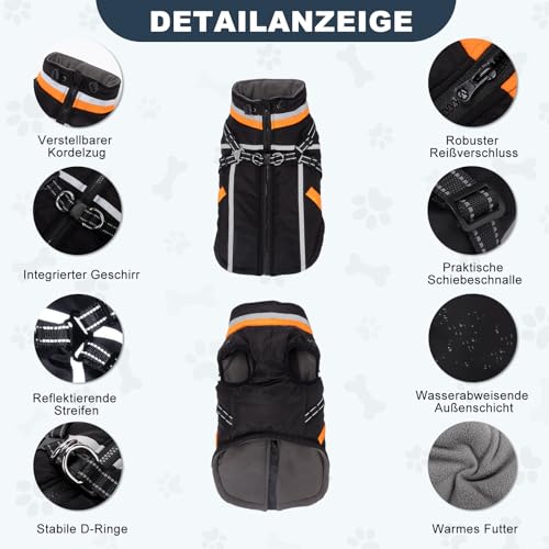 FEimaX Hundemantel Wasserdicht Winddichte Winter Fleece Hundejacke mit Geschirr Hund Wintermantel Warme Weste Reflektierende Verstellbar Haustier Kleidung für Kleine Mittelgroße Hunde (S, Schwarz)