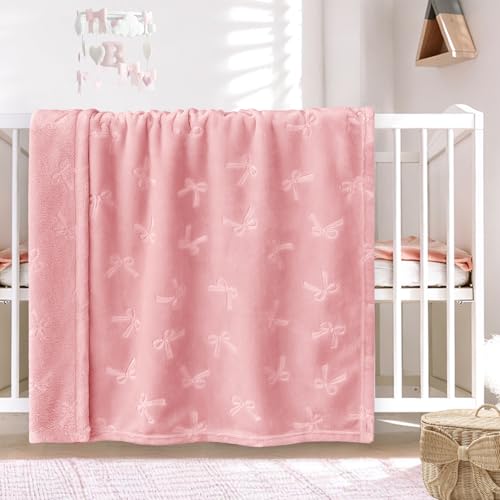 Image of BORITAR Baby Blanket with Bow Design, Super Soft Fleece Toddler Blankets for Girls Boys, Warm Lightweight Breathable Newborn Receiving Blankets for Crib Stroller(30x40 Inch, Blush Pink)