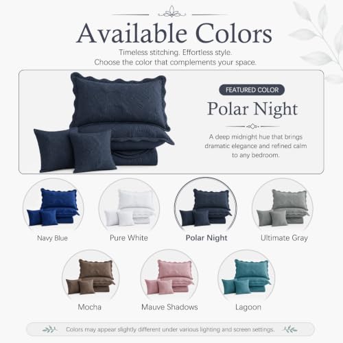 Image of HZ & HY Oversized King Bedspread 128x120 Extra Wide, Stitched Damask Quilt Set King /Cal King, Lightweight Reversible Coverlet, Scalloped Edge - Deep Classic Look, 5 Piece, Polar Night