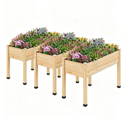 Image of Wood Raised Garden Bed, 48x24x30in Elevated Wooden Planter Box with Legs Standing Growing Bed for Backyard, Patio, Balcony with Bed Liner, 200 Pound Capacity 3PCS