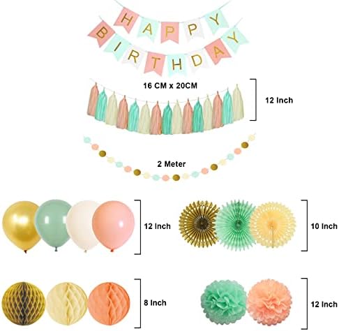 Happy Birthday Decorations for Girls Women, Happy Birthday Banner, Hanging Paper Fan Honeycomb ball Tissue Pompoms Garland Balloons for Mint Green Gold Peach Birthday Party Decorations Supplies