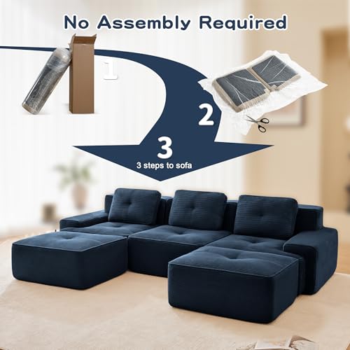 Image of 117 inch U-Shaped 3-Seater Modular Boneless Couch with 2 Ottomans, Cozy Corduroy Upholstery, Deep Seat Cloud sectional Sofa, No Assembly Anti-Slip Stable Design, Blue