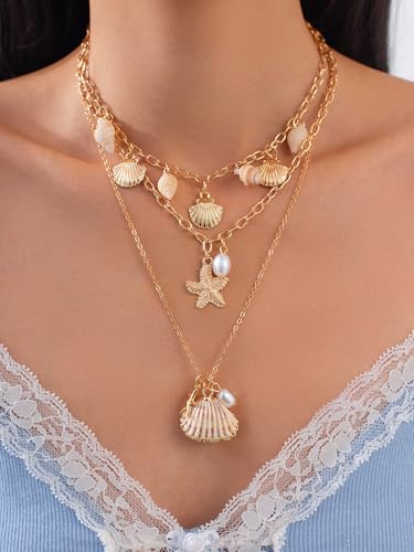 Charm Shell Necklace for Women Ocean Layered Summer Beach Jewelry Gold Plated Stackable Chain Boho Starfish & Pearl Gift2