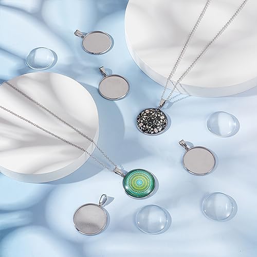 UNICRAFTALE 30 Sets Blank Dome Flat Round Pendant Tray 25mm Stainless Steel Cabochon Charms with Pinch Bails Blanks Bezel Pendant Trays with Glass Cabochon for DIY Necklace Jewelry Making - Image 2