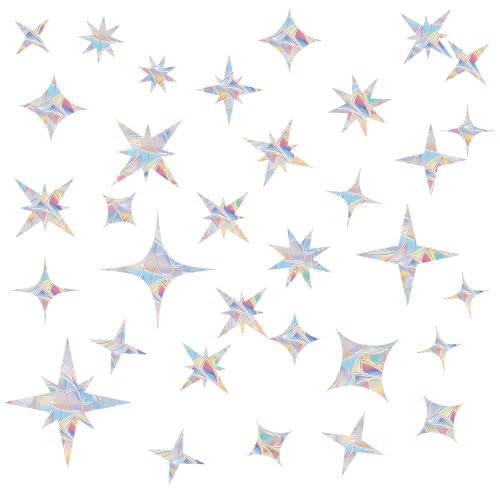Image of 60 Pcs Star Window Decals to Prevent Bird Strikes - Anti-Collision Window Stickers for Birds, Rainbow Vinyl Suncatcher Stickers, Reusable Static Clings for Bird Window Deterrent, No Glue Needed