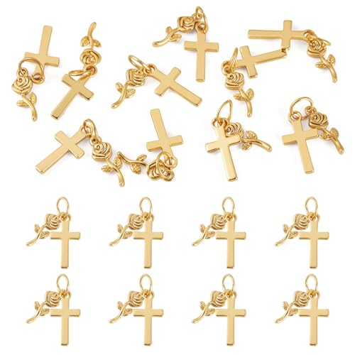 Image of 10Pcs 18K Gold Plated Cross Charms Brass Golden Crucifix with Rose Flower Pendants Permant Metal Jewelry Charms with Jump Ring for DIY Bracelet Necklace Earring Jewelry Making