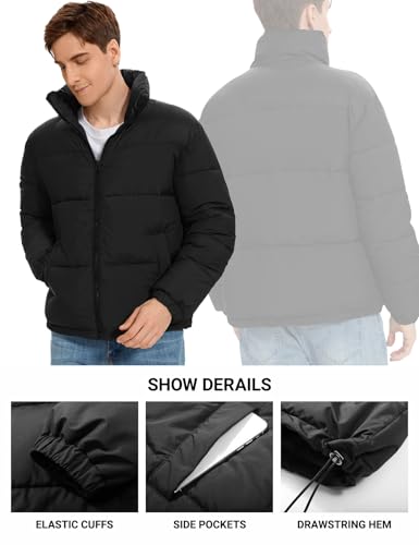 Image of PEHMEA Men's Puffer Jacket Stand Collar Zipper Coat with Pockets Retro Bubble Outwear for Winter
