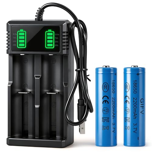 YUFFQOPC 18650 Ladegerät, 18650 Batterieladegerät mit 2 Pack 3,7V 2200mAh Akku NiMH, Universal Akkuladegerät mit 2 Schacht für 3,7V 18650/26650 Li-Ion Akku und 1,2V NI-MH/NI-CD/AA/AAA, mit USB Kabel