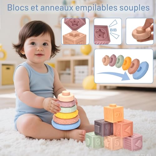 Empilable sensoriel 6 en 1 blocs de construction et tissus d'apprentissage bébé