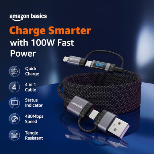 Image of amazon basics 100W Magnetic Charging Cable with LED Indicator, Self-winding, 480Mbps, 4 Ports (2 Type-C, Type-A, Apple Connector), 1.3M Length, For Laptops, Tablets, & High-power Devices (Black)