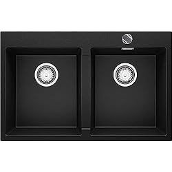 Fregadero Oslo Roca Fregadero Negro 78 x 50 cm, Fregadero Granito 2 Senos + Sifón Automático, Fregadero Empotrado con Escurridor Oslo 80 Twin de Primagran