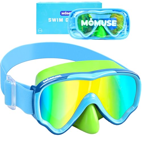 Image of MOMUSE Kids Swim Goggles 3-14 with Soft Fabric Strap, 3D No-Leak Nose Cover | No Hair Pulling, Mirrored Shatterproof Lens, Anti-Fog & UV Protection, Diving Mask Swimming Goggles Toddler /Youth Boys Girls