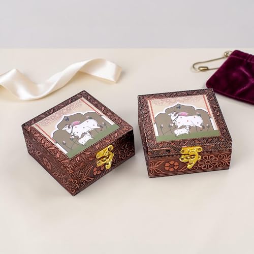 Image of Handcrafted Wooden Jewellery Box Copper Metal Finish (4 x 4 inch) - Pack of 2 | Oxidized Pichwai Cow & Calf Design | Decorative Organizer | Storage Box for Women Puja Gifting | Ivory Sand