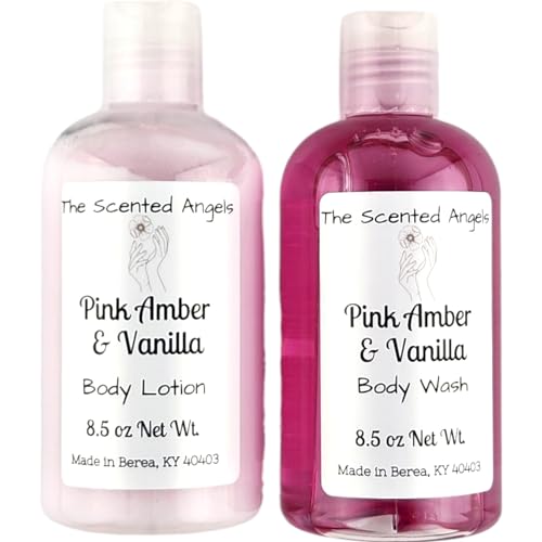 TSA Handmade All Natural Lotion and Body Wash Set, Romantic Pink Amber and Vanilla, Long Lasting Fragrance, Scented Soap, Spa, Date Night, Woman, Men, Love, Set of 2 8oz