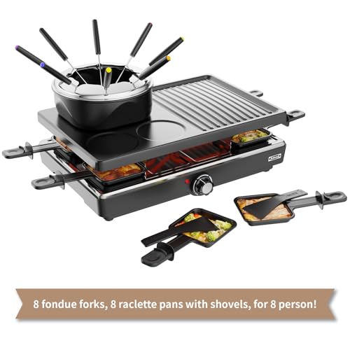 Electric Fondue Pot Sets, Electric lndoor Raclette Table Grill for 8 People, Adjustable Temperature Control and 8 Paddles, Perfect for Parties and Family Fun (Fondue Pot Set with Pancake Baking Tray) — view 3