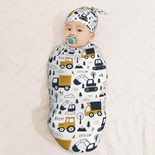 Image of Cars Truck Tractor Newborn Swaddle Blankets Hat Sets Soft Baby Receiving Blanket Swaddle Sack for Baby Shower Infant Boy Girl Gift