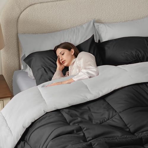Anluoer Full Size Bed in a Bag 7 Pieces, Black and Grey Bed Comforter Set with Sheets, All Season Bedding Sets with 1 Comforter,2 Pillow Shams,2 Pillowcases, 1 Flat Sheet,1 Fitted Sheet