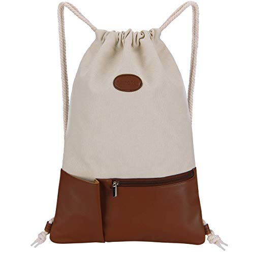 LIVACASA Mochila de Cuerdas Mujer Hombre Grande Bolsa de de Lienzo Bolsillos PU Cuero