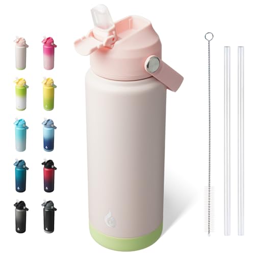 BJPKPK Water Bottle with Straw Lid, 24oz Vacuum Insulated Water Bottles, Metal Stainless Steel Thermo for Sports, Travel, BPA Free Leak Proof Thermo, Cups, Flasks, Tumblers,Pearl Pink