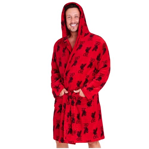 Liverpool F.C. Men Fleece Dressing Gown with Hood, Pockets, Tie Waist, Cosy Robe